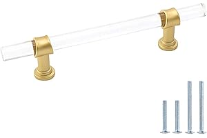 goldenwarm 5 Pack Cabinet Handles Clear Acrylic Drawer Pulls 4" Hole Centers - LS9165GD102 Crystal Glass Hardware Brushed Brass Handles for Cabinets Dresser Drawer Pulls