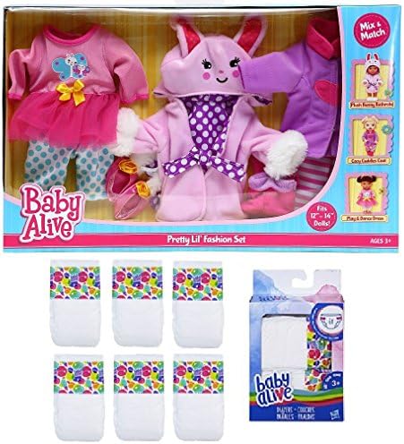 Baby Alive 3-Pack Pretty Lil' Fashion Doll Outfit Set and 6-Pack Diapers Bundle
