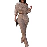 HNMYCY Women's Fall Two Piece Outfits One Shoulder Ruched Long Sleeve Crop Top Flared Pants Lounge Sets