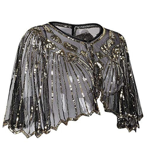 Blouses for Women,Womens Tops 1920s Shawl Beaded Sequin Deco Evening Cape Bolero Flapper Cover up(,Gold) - Thumbnail 2