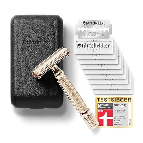 Störtebekker® Premium Rasierhobel Herren Hamburg - Rasierset mit 10 Rasierklingen & Leder-Etui - Nassrasierer Herren inkl. Reise-Etui mit Spiegel - *T