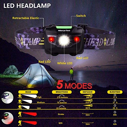 Combo: 2 Pack Morpilot Camping Lantern Outdoor Portable LED with Flashlight 7 Modes & LED Headlamp 5 Modes with Red Strobe.