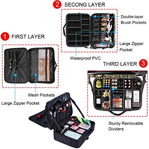 EYNSCOEN 3 Layer Makeup Bag,15.75in Large Women Makeup Organizer Bag Travel Makeup Train Case, Waterproof Cosmetic Bag Case Adjustable Divider, Professional Portable Makeup Brush Storage Bag, Black 3 EYNSCOEN 3 Layer Makeup Bag,15.75in Large Women Makeup Organizer Bag Travel Makeup Train Case, Waterproof Cosmetic Bag Case Adjustable Divider, Professional Portable Makeup Brush Storage Bag, Black