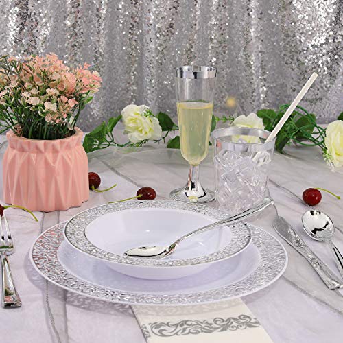 I00000 60 Plastic Soup Bowls 12 oz, Silver Disposable Bowls, Lace Trim