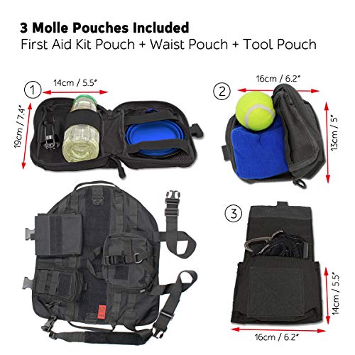 EJG Tactical Dog Molle Harness, with 3 Detachable Pouches & Velcro Area, No Pulling Design, Comfy Mesh Padding, Service Dog, Military Training, Hunting, Vest for Medium & Large Dog