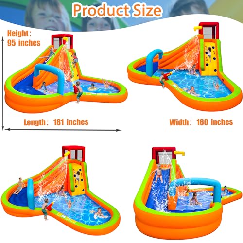 Inflatable Water Slide,6 in 1 Bounce House Outdoor Backyard,Waterslide with Slide,Large Splash Pool,Archway,Sprinkler,Climbing Wall & Water Cannon,480W Blower Included,Backyard Water Park