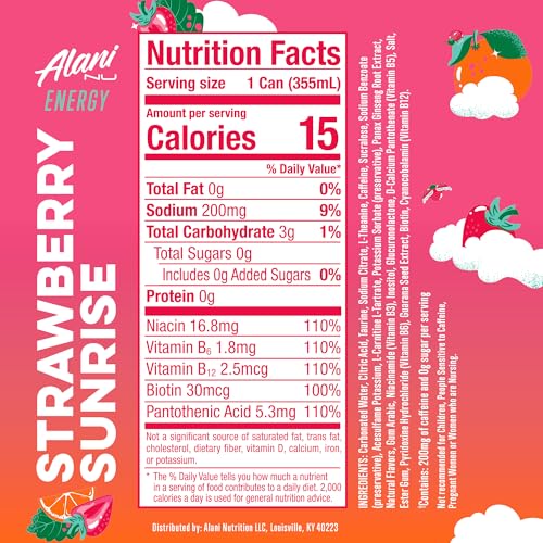 ALANI NU STRAWBERRY SUNRISE SUGAR FREE, LOW CALORIE ENERGY DRINKS, 200MG CAFFEINE, BIOTIN B VITAMINS, ZERO SUGAR, 10 CALORIES, 12 FL OZ CANS, 12 PACK