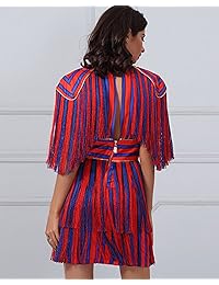 UONBOX Vestido de fiesta de manga corta con flecos, rayas rojas y azules, para mujer