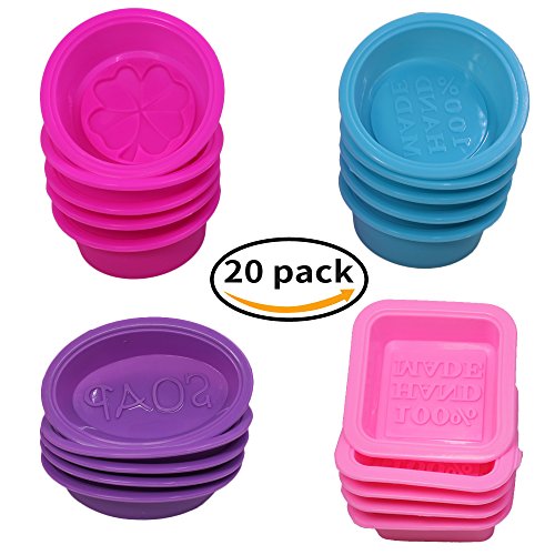 20 Pcs Silicone Soap Making Molds, Square Round Oval Shaped, FineGood Soft Cupcake Muffin Baking Pan for DIY Homemade Craft, Food Grade - Pink, Blue, Rose Red, Purple