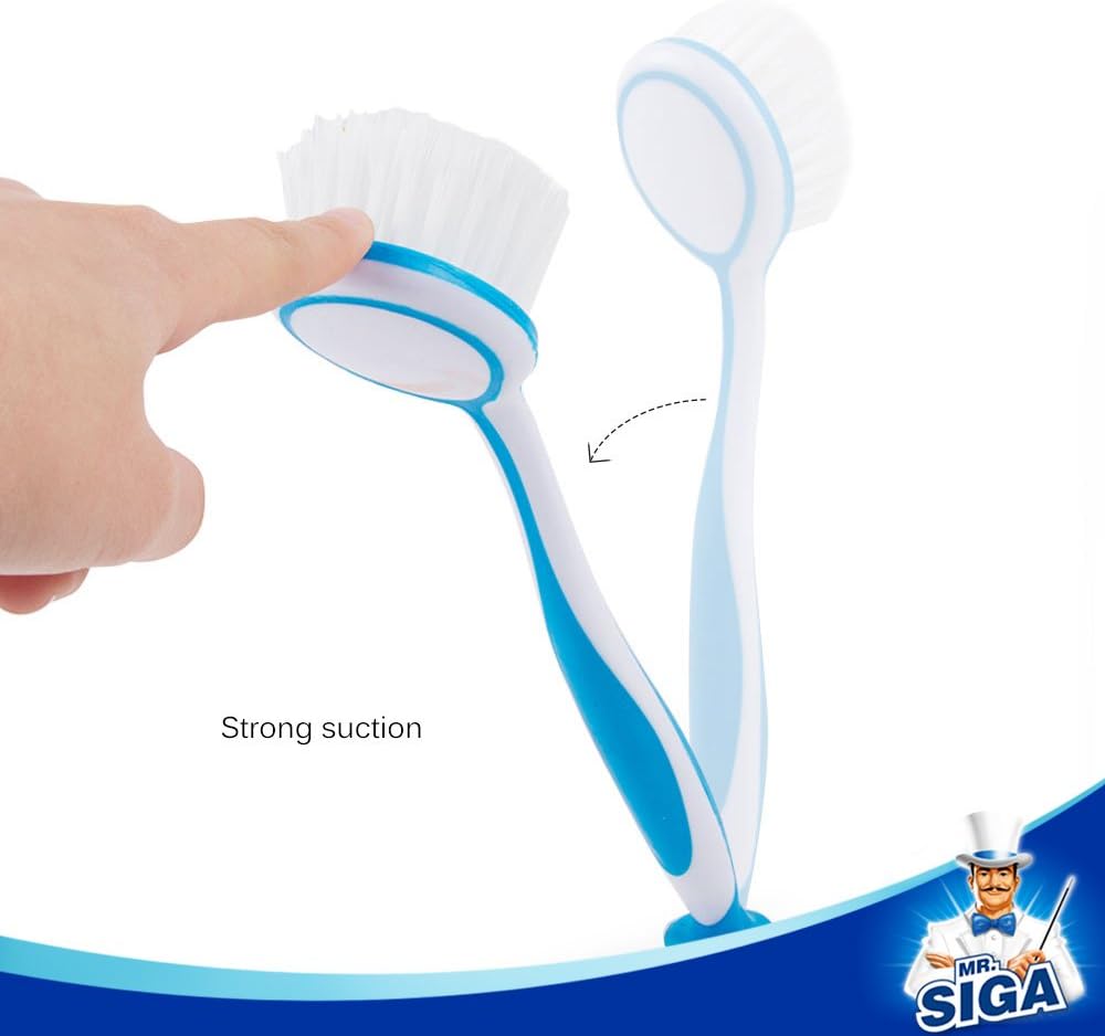 MR.SIGA Round Dish Brush, Size: Dia 5.5 x 25cm - Pack of 3, Orange, Yellow, Blue, 6.5 X 5.5 X 25 cm - Image 4