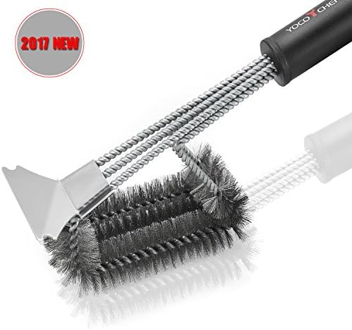 Grill Brush and Scraper, Safe BBQ Brush for Grill, Grill Cleaning Brush 2017 New- 2 Stiff Stainless Steel and 1 Rotation Woven Wire- BBQ Cleaner for All Gr (with scraper)