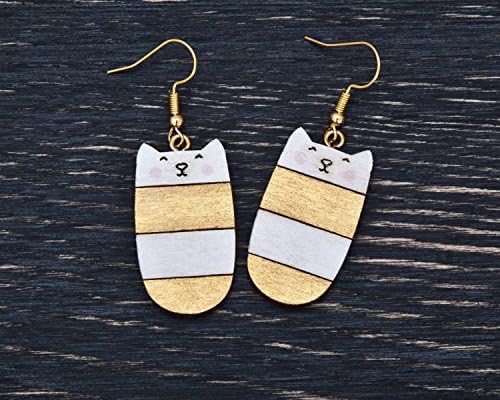 Gold Cat Earrings, Wooden Earrings, Gift Ideas for Teen Girls, Long earrings, Girlfriend Gift, Dangle Earrings, Gift Ideas for Mom from Son, Gold Gift for Her