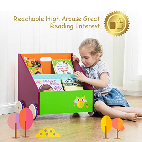 Hessie Little Toddler Kids Portable Wooden Bookcase/Bookshelf on Wheels