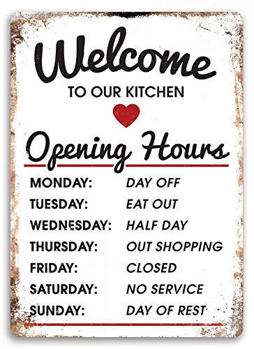 "Welcome to Our Kitchen" White Metal Wall Sign Plaque Art Inspirational Slogan Funny