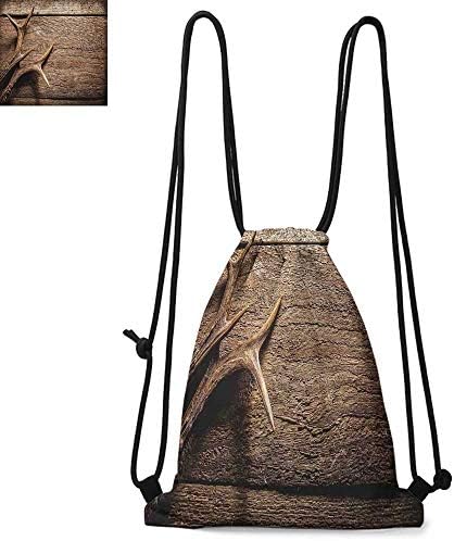 Antlers Decor Easy to carry drawstring backpac Deer Antlers on Wood Table Rustic Texture Surface Hunting Season Decorating Durable Drawstring Backpack W13.8 x L17.7 Inch