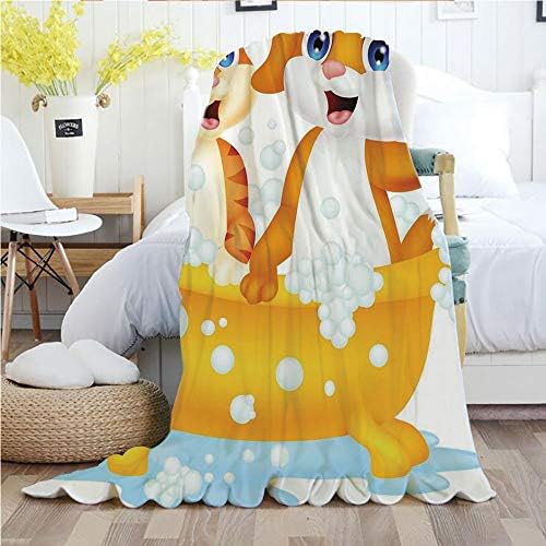 Ylljy00 Kids,Throw Blankets,Flannel Plush Velvety Super Soft Cozy Warm with/Cartoon Style Cute Cat and Dog in Bathtub Together with Bubbles Water Splash/Printed Pattern(70"x 90"),Blue Yellow Brown