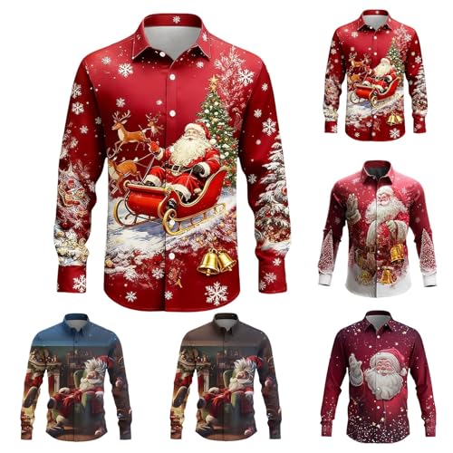Mens Funny Christmas Shirt Long Sleeve Lapel Xmas Shirts Novelty Santa Print Party Shirt Button Slim Fit Ugly Shirts 3D Graphic Christmas Costume Festive T-Shirts Casual Holiday T-Shirt
