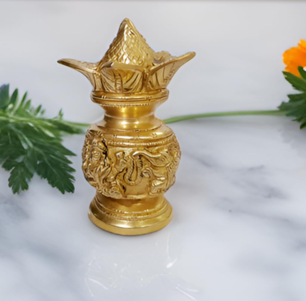 Purpledip Brass Kalash Lakshmi Ganesh: Rare Collection Decorative Temple Vase With Nariyal For Puja Hawan Ceremony (12430)