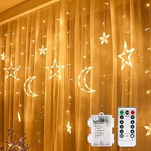 Vegena Led-lichtgordijn, 3,5 m, sterren, maan, led, op batterijen, met afstandsbediening, 8 knipperende modi, voor tuin…