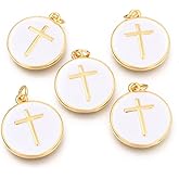 DanLingJewelry 5Pcs White Crucifix Charms Flat Round with Cross Enamel Brass Charms Metal Religious Pendants for Jewelry Crafting Making