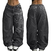 Baggy Y2k Jeans for Women Men,Hip Hop Vintage Wide Leg Print Jeans Black Goth High Waist Denim Pants Street Wear