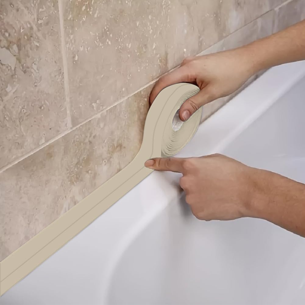 View 1 of 2 Rolls Caulk Tape Self Adhesive, Almond Waterproof Caulking Strip Peel & Stick Wallpaper Floor Tile Toilet Bowl Gel Bathroom Kitchen Wall Decor, A Simple & Effective Solution for Sealing & Trimming