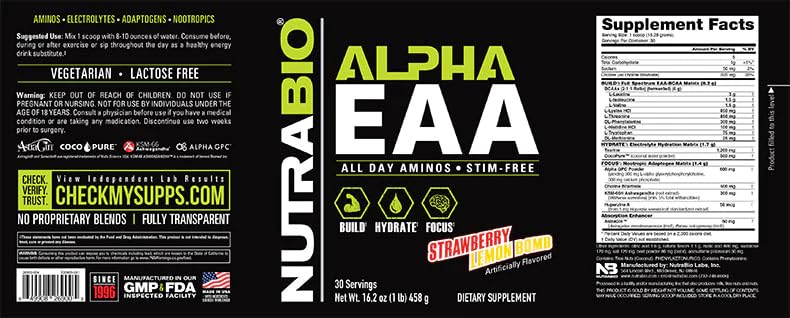NutraBio Alpha EAA - All-Day Amino Acids for Muscle Growth and Hydration - Essential Amino Acids with Nootropics & Adaptogens- Full Spectrum EAA BCAA Powder - 30 Servings - Strawberry Lemon