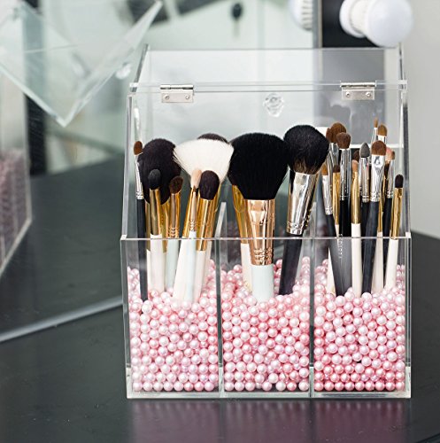 image for Newslly Clear Acrylic Makeup Organizer with 3 Brush Holder Compartment