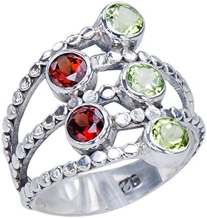 Dazzling Natural Garnet Peridot Women's Multi-Gemstone 925 Sterling Silver Ring