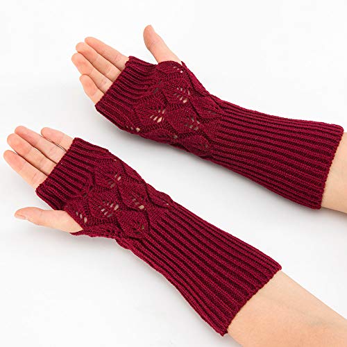 Women's Cable Knit Arm Warmers Fingerless Gloves Thumb Hole Gloves Mittens (Wine Red)