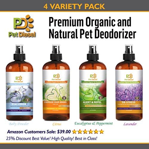 Pet Diesel Pet Deodorizer 4 Value Pack | Natural Enzyme Spray | Aromatherapy for Pets | Eliminates Odors &amp; Removes Bacteria | Baby Powder, Lavender, Eucalyptus &amp; Peppermint &amp; Citrus Scents