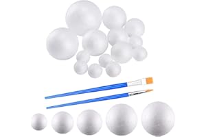 hesmartly 50 Pack Craft Foam Balls,White Polystyrene Smooth Round Balls, 5 Sizes Foam Balls and 2 Pieces Painting Brushes for DIY Projects Arts and Crafts Supplies