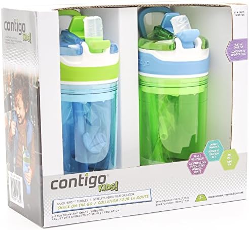 Contigo Kids Snack Hero Tumbler / Snack On The Go / Drink and Snack Tumblers / 2-Pack / Drink 13oz / Snack 4oz (Green/Blue)