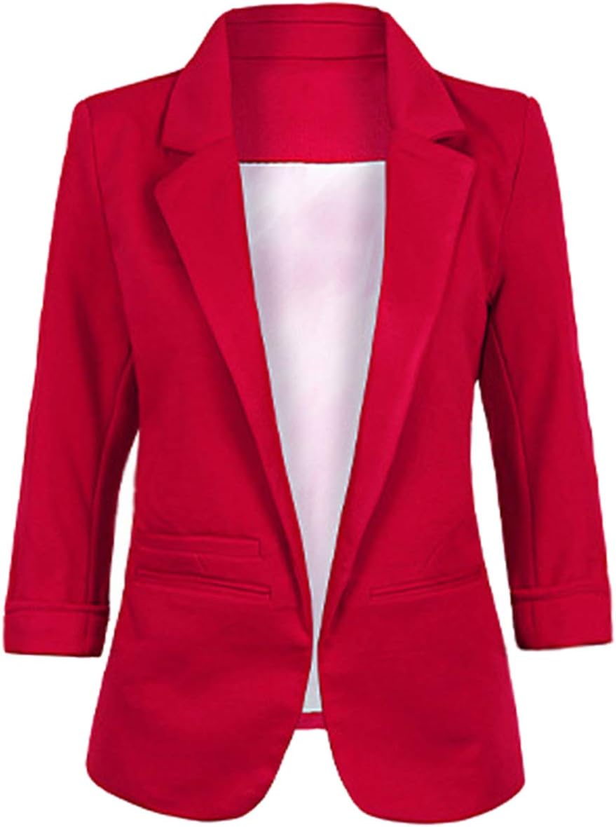 Womens Casual Blazer Open Front 3/4 Sleeve Notched Lapel Pocket Work Office Jacket Suit