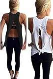 Mazonyi Women's Open Back Split Sleeveless Blouse Loose Tank T Shirt Sleeveless Summer Swing Clubwear Vest Top Basic Tee Wihte Black M Pack of 2