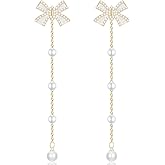 unixmoment Dainty Pearl Bow Knot Long Fringe Dangle Drop Earrings Sparkly Tassel Stud Earrings For Women