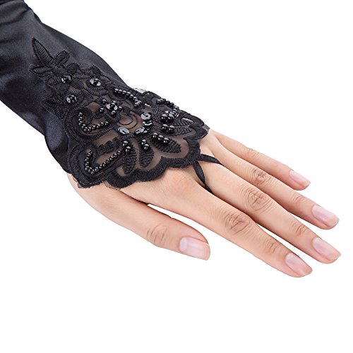 Xuhan 1920s Long Flapper Fingerless Evening Opera Satin Gloves for Women (Black-1)
