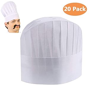 Nexxxi 20 Pack Disposable 9" White Chef Toques, Chef Caps for Food Restaurants, Home Kitchen, School, Classes, Catering Equipment or Birthday Party