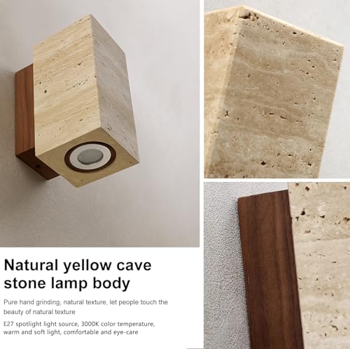 Lampara de Pared de Travertino Amarillo Natural, Estilo Japonés Wabi Sabi, Lamparas de Pared Interior de Diseño Minimalista, lampara de muro para Pasillo, Recámara o Baño, 3000K