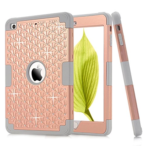 iPad Mini 2 Case, Welity 3 in 1 Hybrid [Hard Cover + Silicone] High Impact Shockproof Heavy Duty 3 Layers Combo Protective Case with Crystal Diamond Bling Rhinestone for iPad mini 2, Rose Gold + Grey