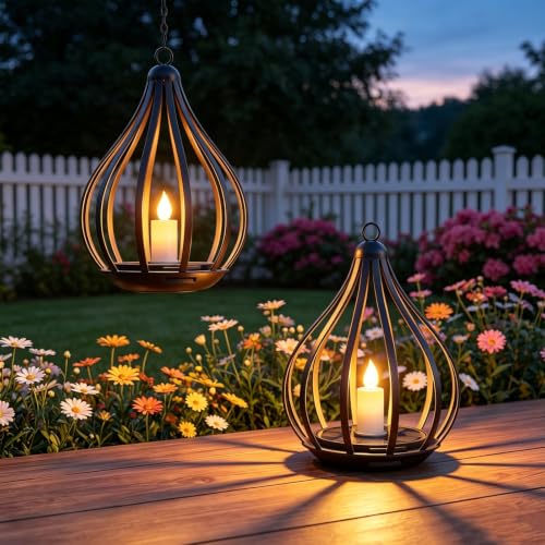Solmora Set of 2 Solar Lantern Outdoor Hanging LED Candle Lights Flickering Flame Effect IP65 Outdoor Garden Decoration for Christmas, Halloween, Balcony, Patio, Camping