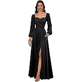 GODCUN Long Sleeve Bridesmaid Dresses for Women Satin Pleated Formal Dress A Line Evening Party Gown with Slit