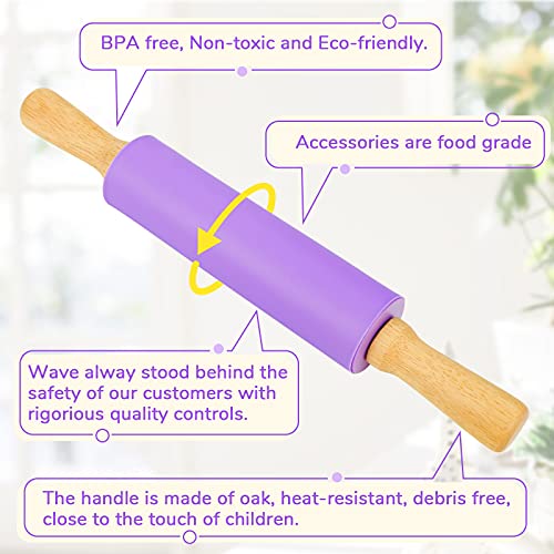 Koogel 15 Inch Silicone Rolling Pin, Purple Rolling Pin Handle Rolling Pin Non-Stick Silicone Rolling for Home Kitchen Cake
