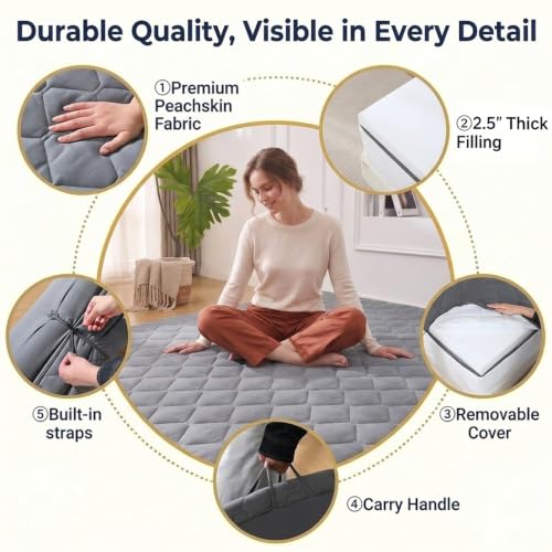 DOWNSTORIA Japanese Floor Mattress, Futon Mattress Roll Up Tatami Mat with Handle, Foldable Floor Bed Sleeping Pad for Camping, Twin Size, Grey(39x75)