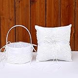 TRUE LOVE GIFT Ring Bearer Pillow and Wedding Flower Girl Basket Set Lace Pearl Rhinestones Satin Collection Wedding Anniversary Celebrations Party Decoration