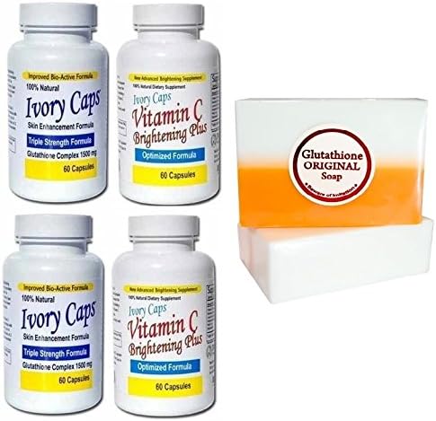 Set of (Ivory Caps Skin Whitening 1500mg Glutathione Pill + Vitamin C Brightening Plus) + Kojic Acid & Glutathione Dual Whitening/bleaching Soap (2 set of(Ivory Caps + VitaminC) + Soap)