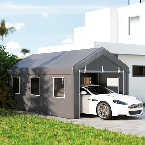 Outsunny 10' x 20' Carport Portable Garage Heavy Duty, Dark Grey | Car Port Canopy, 2 Roll-up Doors, 6 Ventilated Windows, for Car, Truck, Boat, Garden Tools