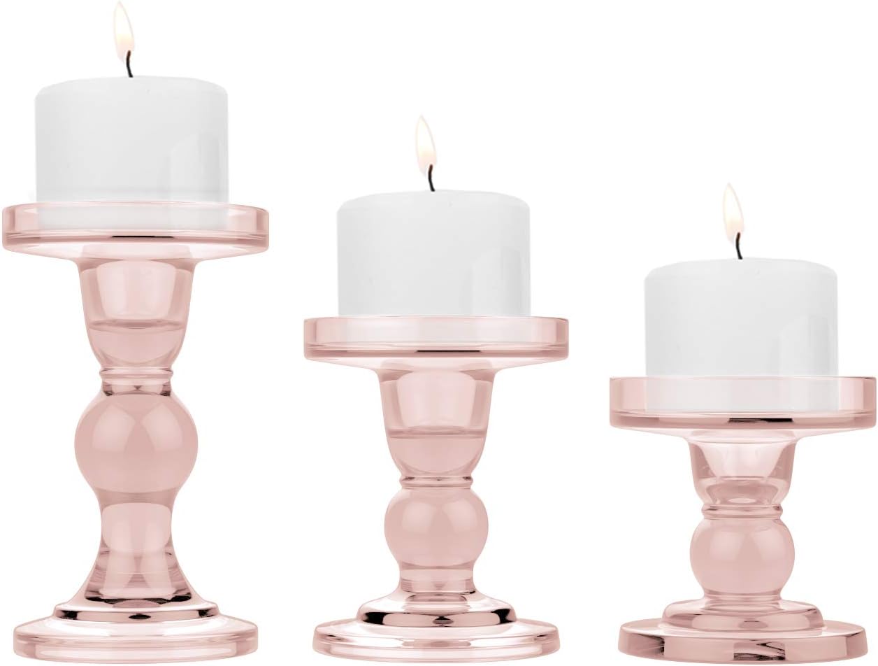 Lewondr Glass Candle Holders, 3 Pieces Crystal Clear Candlesticks With