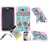 3 items Combo: ITUFFY(TM) LCD Screen Protector Film + Mini Stylus Pen + Blue Aztec Sun Flower Tribal Design Dual Layer KickStand Outdoor Tuff Impact Armor Hybrid Soft Rubber Silicone Cover Hard Snap On Plastic Case for LG Optimus L70 (MetroPCS) MS323 / LG Optimus Exceed II (Verizon) VS450 / LG Realm (Boost Mobile) LS620 / LG Dual D325 D320N (Aztec Flower - Light Pink)