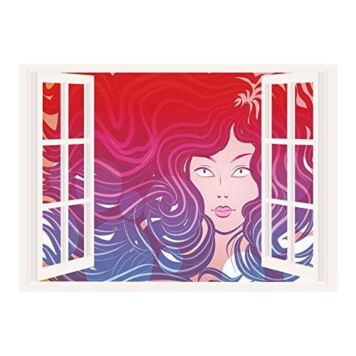 SCOCICI Removable Wall Sticker/Wall Mural/Modern,Graphic Little Mermaid Face and Wavy Hair Vibrant Colors Fantasy Woman Artwork,Red Violet Cream/Wall Sticker Mural